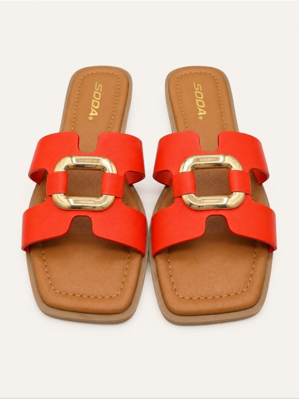 SODA FENG-S Orange Gold Buckle Square Toe Slide Sandals Size 7 NWT Resort Summer